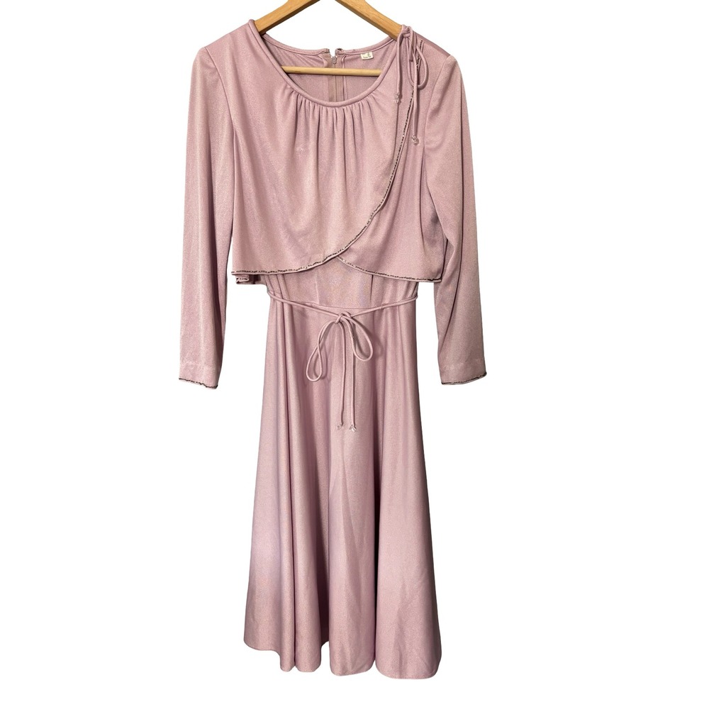 Vintage 70s ILGWU Mauve Pink Beaded Faux Bolero Midi Dress Size 14 Retro